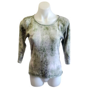 Y2K Glima Top Med Green Tie Dye Floral Print Shirt Grunge Fairy Goth Raw Hem